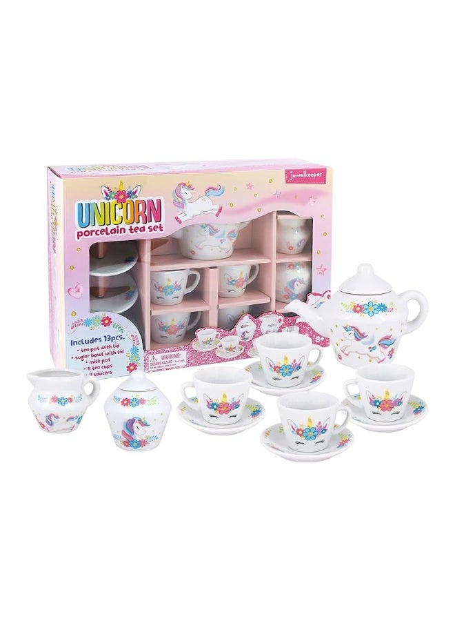 JewelKeeper Porcelain Tea Set for Girls - Pink Ceramic Tea Cups with Pink Box - Tea Glass Toy for Kids and Girls Tea Party - Ideal Gift for Toddlers and Children's Ages 3 Years Old - Unicorn Design, 13 Pieces - Image 1