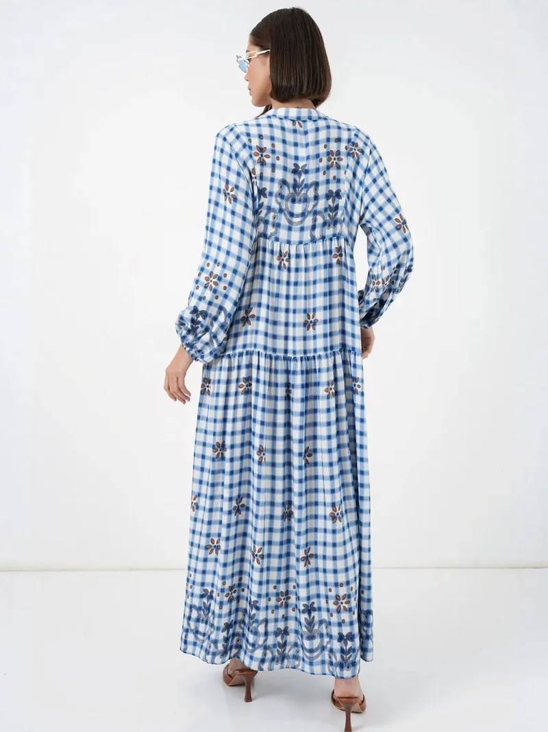 Big Dart Ice Blue BDART Patterned V-Neck Maxi Dress for Women | Best Price UAE