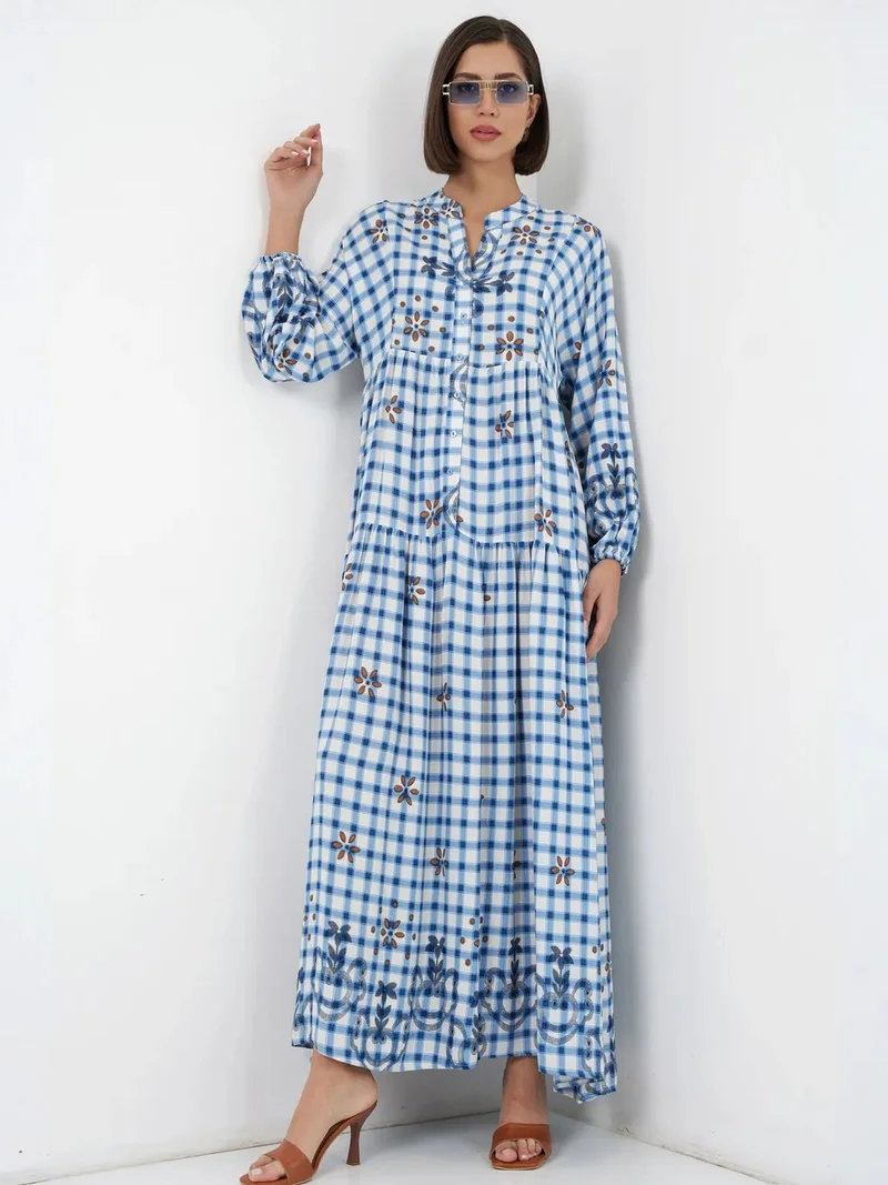 Big Dart Ice Blue BDART Patterned V-Neck Maxi Dress for Women | Best Price UAE