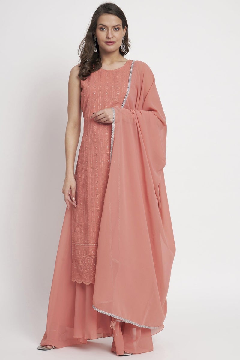 SHOPPING QUEEN Women's Georgette Straight Kurta Palazzo Set with Dupatta (A498_Dusty Orange_M) - Image 2