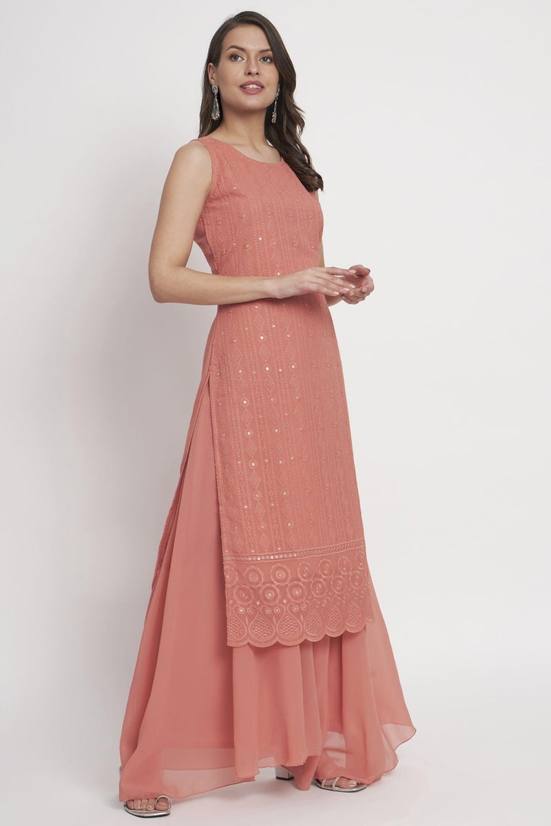 SHOPPING QUEEN Women's Georgette Straight Kurta Palazzo Set with Dupatta (A498_Dusty Orange_M) - Image 5