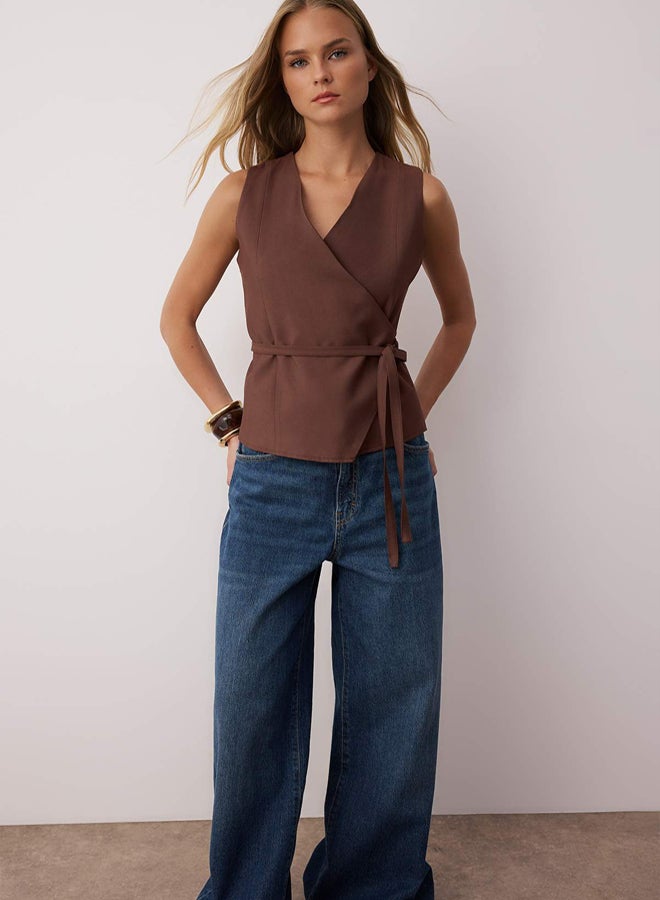 trendyol Brown Belted Tie Detail Double Breasted Closure Soft Button Woven Vest - Image 2