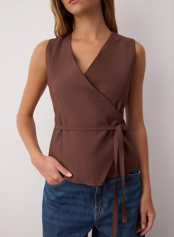 trendyol Brown Belted Tie Detail Double Breasted Closure Soft Button Woven Vest - Image 3
