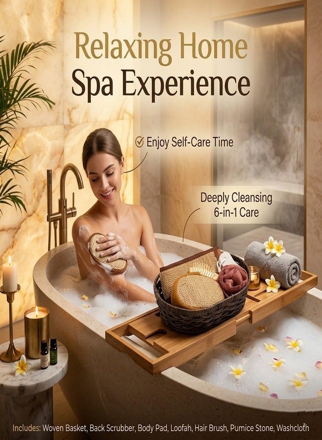 HomeFast 6-in-1 Bath Spa Gift Set for Men and Women with Back Scrubber Strap Loofah Ball Exfoliating Body Pad Wooden Cushion Hair Brush and Foot Pumice Stone Luxury Home Shower Accessories Kit Earthy Brown-1 - Image 2