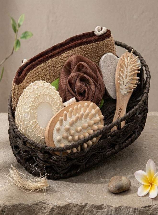 HomeFast 6-in-1 Bath Spa Gift Set for Men and Women with Back Scrubber Strap Loofah Ball Exfoliating Body Pad Wooden Cushion Hair Brush and Foot Pumice Stone Luxury Home Shower Accessories Kit Earthy Brown-1 - Image 1