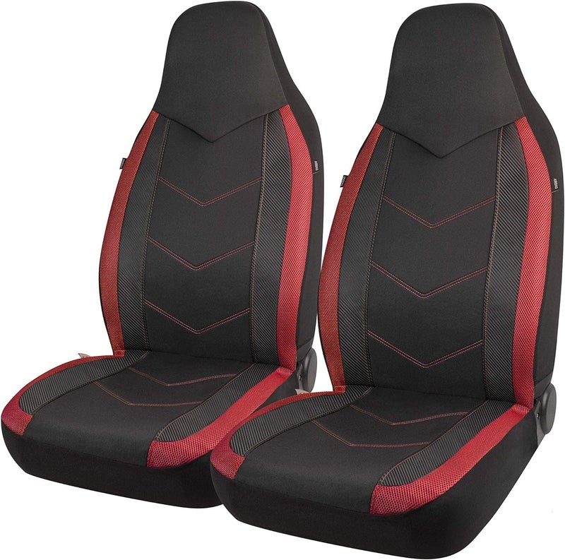PIC AUTO High Back Front Car Seat Covers  Sports Carbon Fiber Mesh Design Universal Fit Airbag Compatible Red