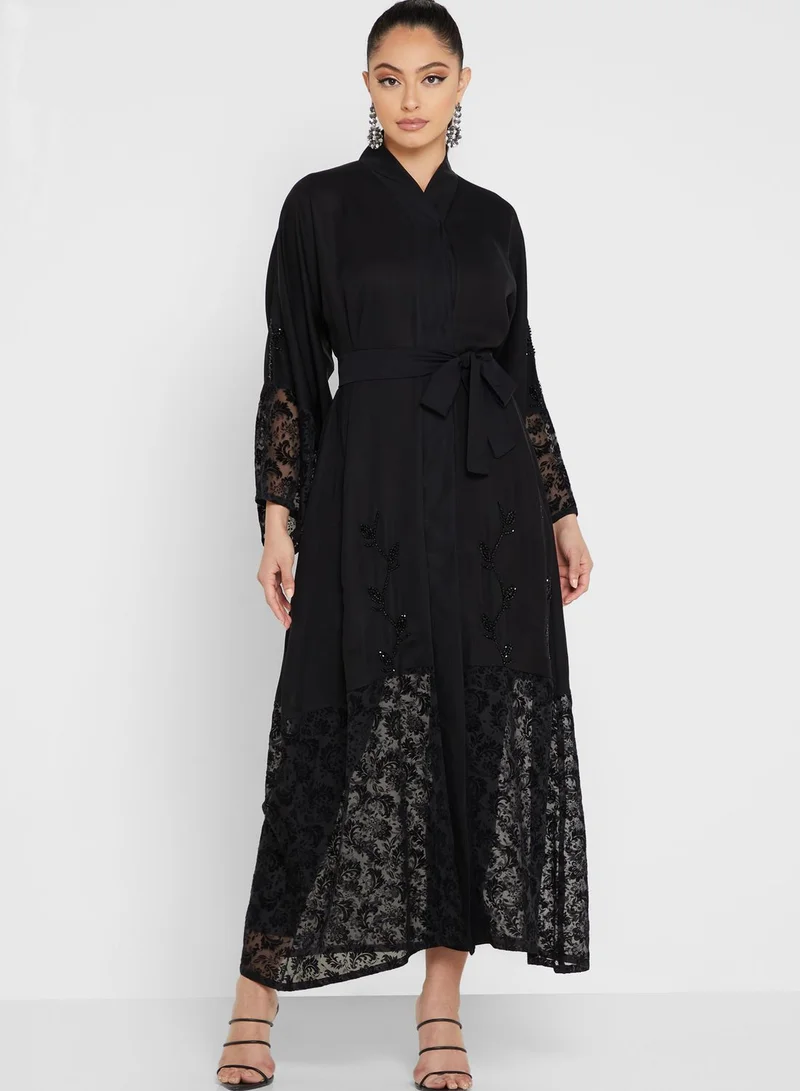 NUKHBAA Embellished Lace Hem Abaya