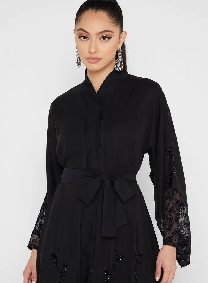 NUKHBAA Embellished Lace Hem Abaya