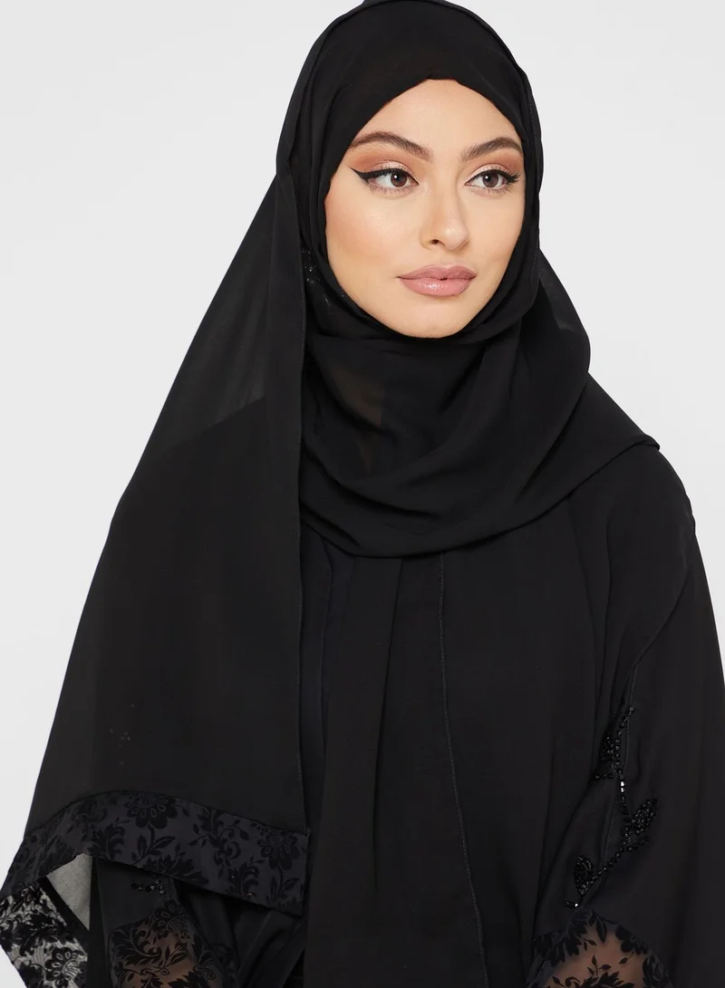 NUKHBAA Embellished Lace Hem Abaya