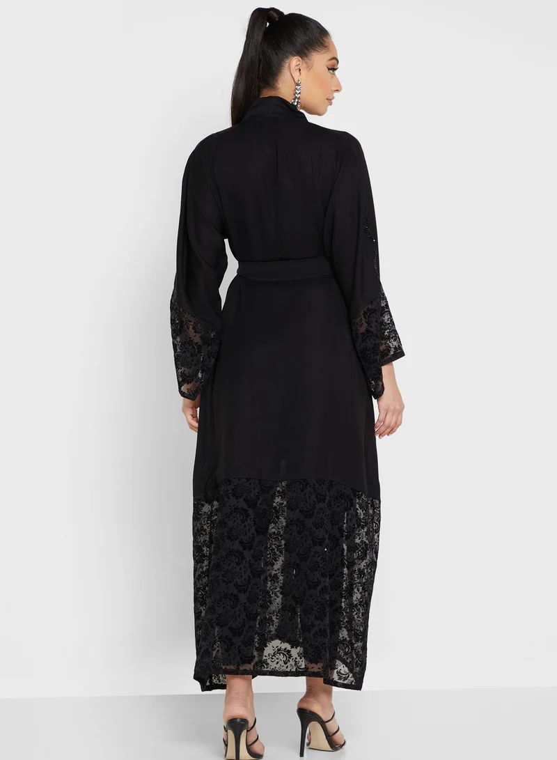 NUKHBAA Embellished Lace Hem Abaya