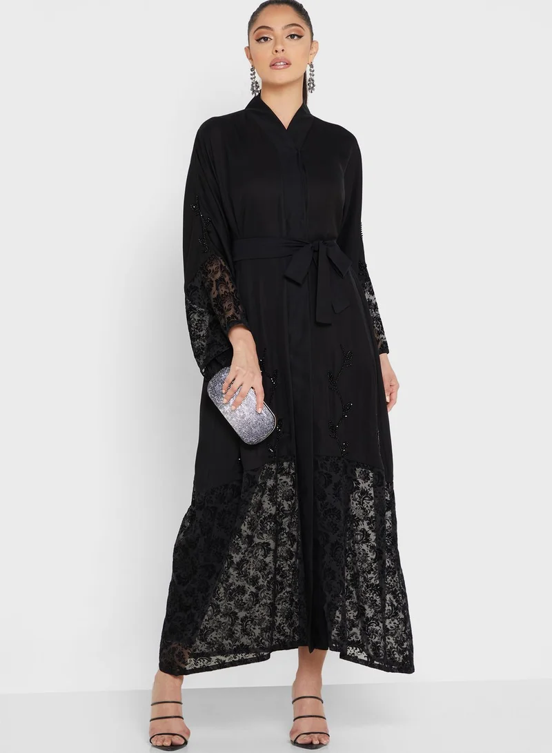 NUKHBAA Embellished Lace Hem Abaya
