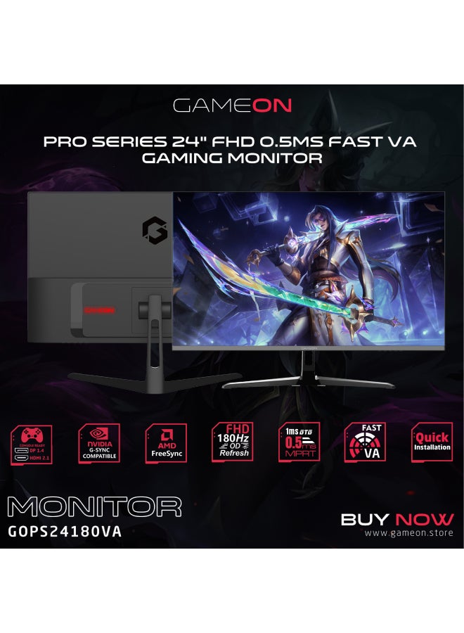 جايم أون شاشة الألعاب GAMEON GOPS24180VA مقاس 24 بوصة FHD 180 هرتز 1 مللي ثانية HDMI 2.0 متوافقة مع المزامنة التكيفية وGSync باللون الأسود والأسود - Image 2