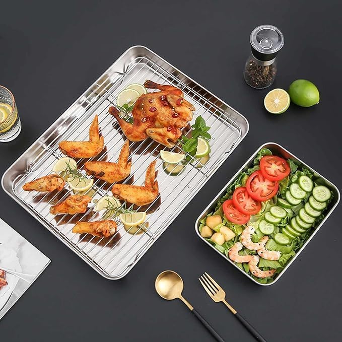 Cpixen Square Plate with Lid, Stainless Steel Dinner Dish Baking Tray Plate Deep Tray Grill Fish BBQ Food Containe Plate Set Storage Serving Dish for Oven - Image 2