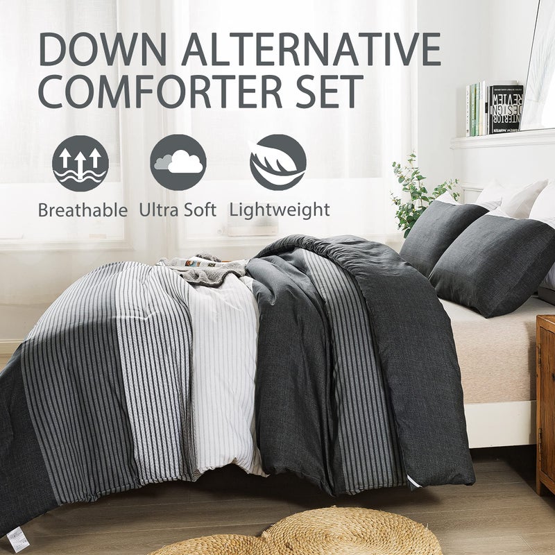 Andency Andency Stripe Comforter Set Full Size (79x90 Inch)  3 Pieces Black White and Gray Patchwork Striped Comforter  Soft Microfiber Down Alternative Comforter Bedding Set with Corner Loops  - Image 5