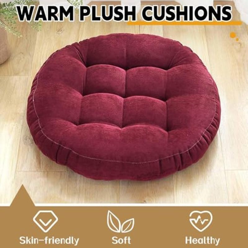 Round Floor Cushion 16.5 Inch Red Corduroy Meditation Cushion - 8CM PP Cotton Filling Tufted Pillow for Home Living Room Yoga Reading - Image 3