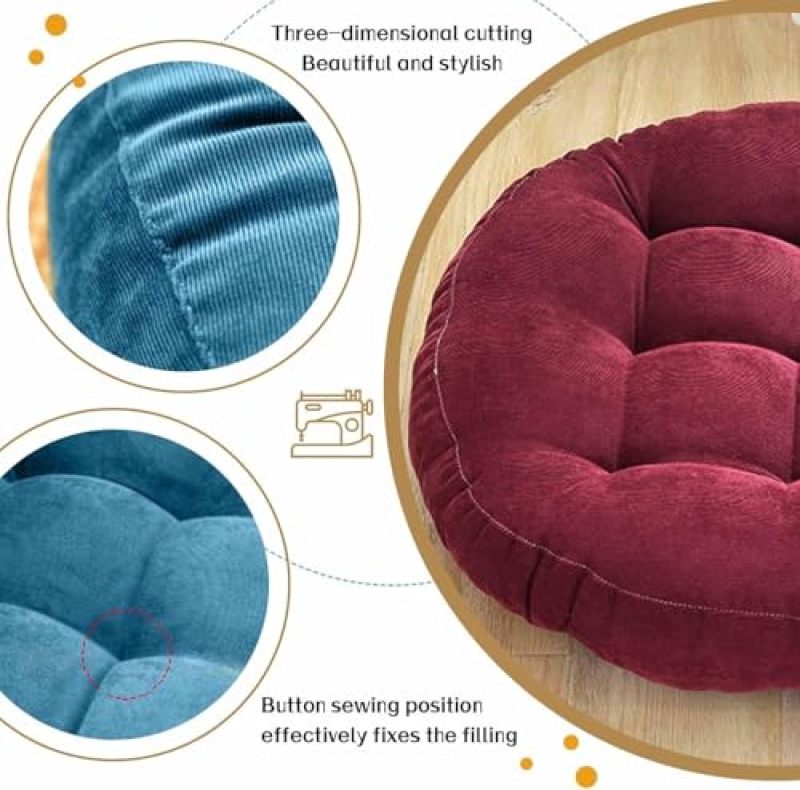 Round Floor Cushion 16.5 Inch Red Corduroy Meditation Cushion - 8CM PP Cotton Filling Tufted Pillow for Home Living Room Yoga Reading - Image 5