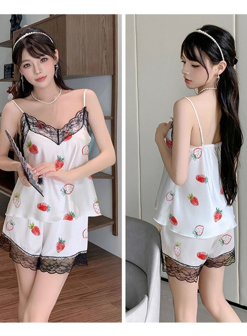 Loquat Women's Lace Stitching 2-Piece Set Nightgown Printed Camisole Tops And Shorts Soft Lingerie Sleepwear Suit - Image 2