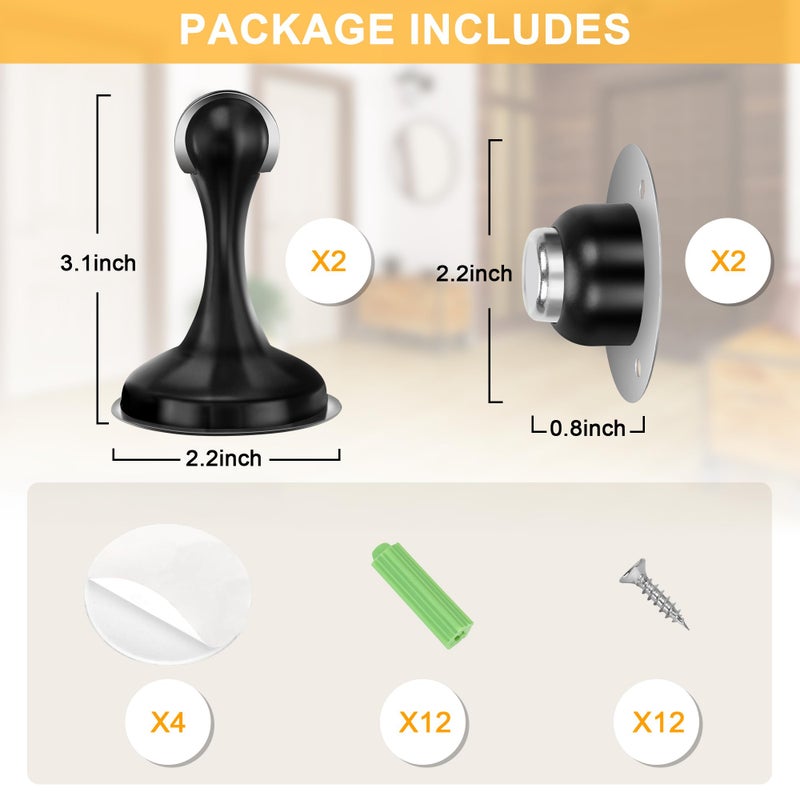 Profasion 2 Pack Magnetic Door Stoppers, Stainless Steel Door Stops for Wall and Floor Mounting, Door Holder Keep Door Open, No Drilling Door Stop with 3D Adhesive Tapes, Black - Image 2