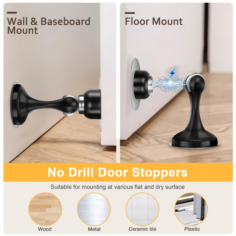 Profasion 2 Pack Magnetic Door Stoppers, Stainless Steel Door Stops for Wall and Floor Mounting, Door Holder Keep Door Open, No Drilling Door Stop with 3D Adhesive Tapes, Black - Image 3