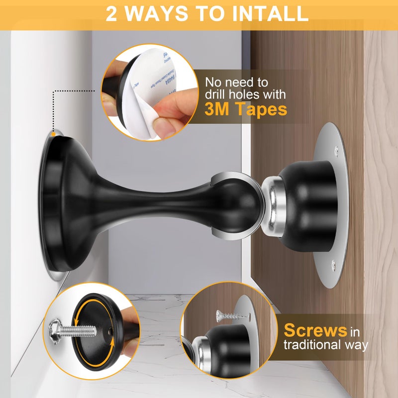 Profasion 2 Pack Magnetic Door Stoppers, Stainless Steel Door Stops for Wall and Floor Mounting, Door Holder Keep Door Open, No Drilling Door Stop with 3D Adhesive Tapes, Black - Image 4