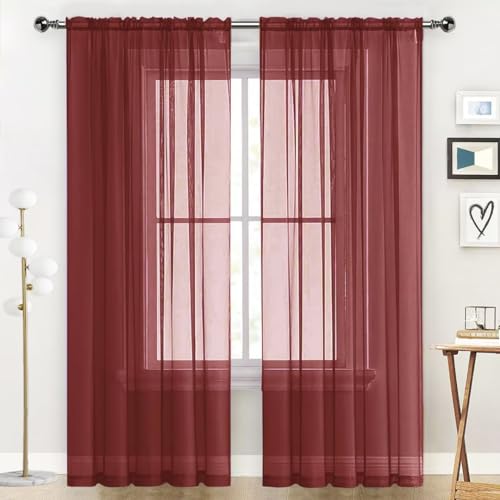 SpaceDresser Basic Rod Pocket Sheer Voile Window Curtain Panels Burgundy 1 Pair 2 Panels 52 Width 84 Inch Long for Kitchen Bedroom Children Living Room Yard(Burgundy,52 W x 84 L) - Image 1