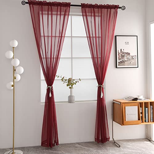 SpaceDresser Basic Rod Pocket Sheer Voile Window Curtain Panels Burgundy 1 Pair 2 Panels 52 Width 84 Inch Long for Kitchen Bedroom Children Living Room Yard(Burgundy,52 W x 84 L) - Image 2