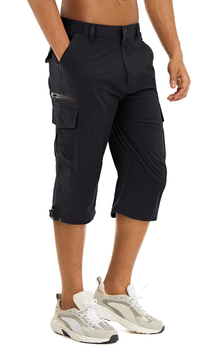 TACVASEN Cargo Shorts for Men with Multi Pockets Quick Dry 3/4 Length Hiking Shorts Below Knee Lightweight Capri Pants Black - Image 1