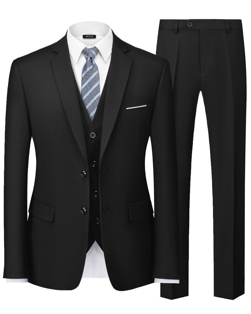 MYS Mens 3 Piece Slim Fit Suit Set 2 Button Blazer Jacket Vest Pants with Tie Solid Wedding Dress Tux and Trousers Black