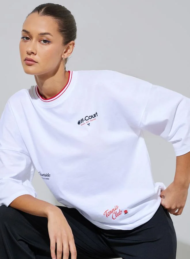 Styli White Graphic Print Contrast Neckline Oversized T-Shirt