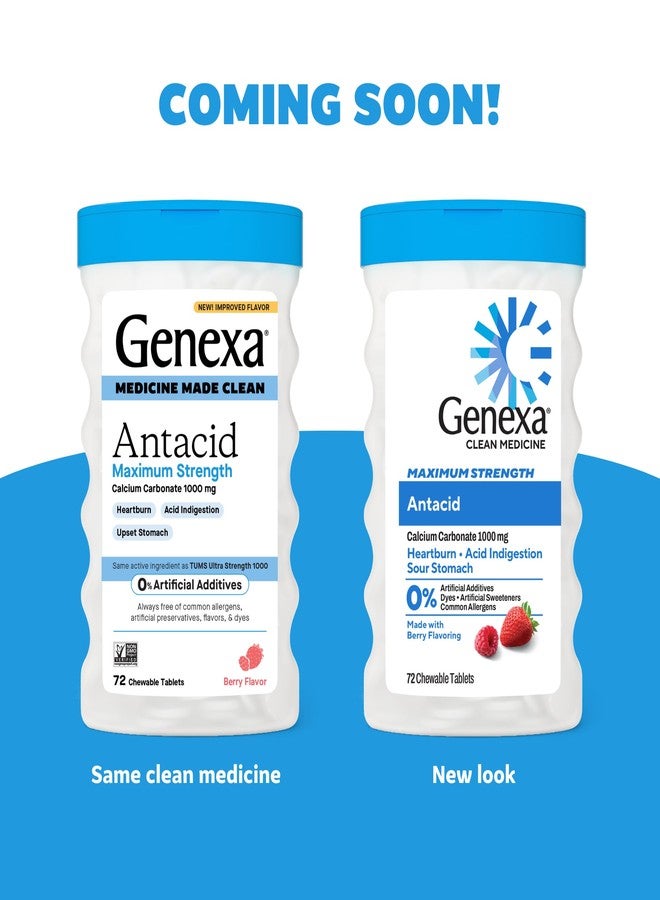 Genexa Clean Antacid Chewable Tablets | Maximum Strength Calcium Carbonate for Heartburn, Acid Indigestion & Upset Stomach Relief | Dye Free, 0% Artificial Additives | Berry Flavor Chewables, 72ct - Image 2