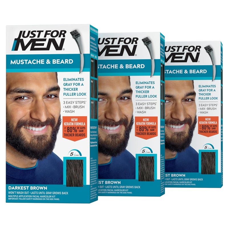 Just For Men Just For Men Mustache & Beard, Beard Dye for Men with Brush Included for Easy Application, With Biotin Aloe and Coconut Oil for Healthy Facial Hair - Darkest Brown, M-50, Pack of 3