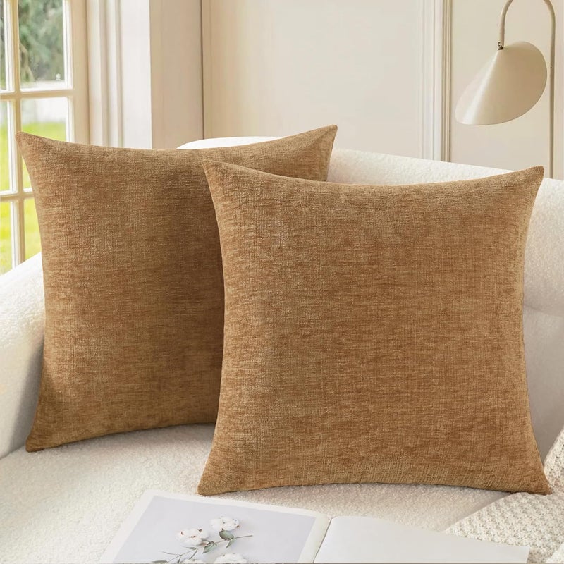CaliTime Pack of 2 Cozy Throw Pillow Covers Cases for Couch Sofa Home Decoration Solid Dyed Soft Chenille 20 X 20 Inches Apricot Brown - Image 1