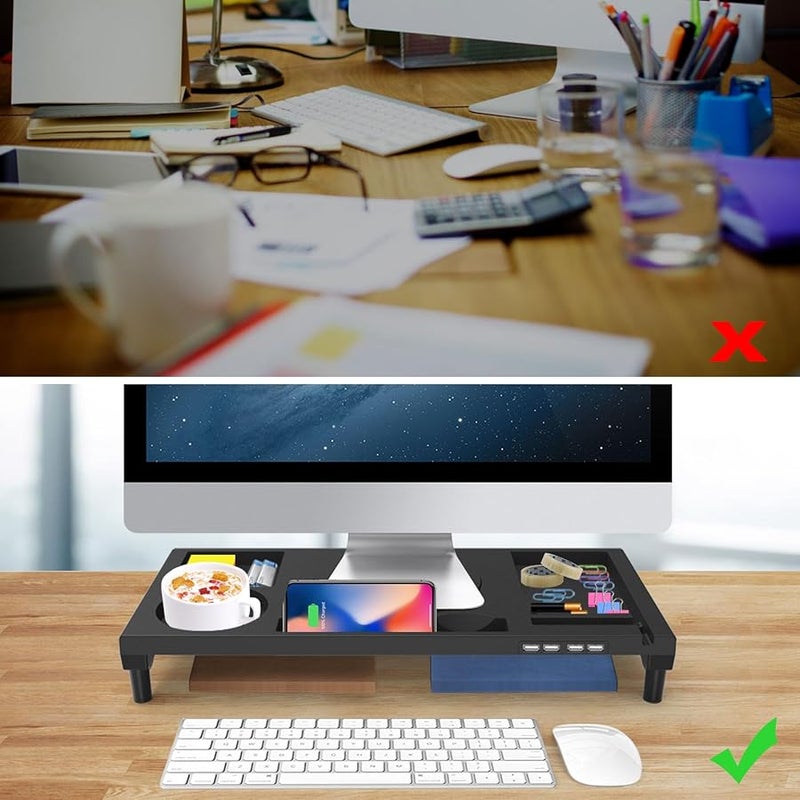 Monitor Stand Riser With 4 USB Ports Phone Cup Pen Holder 55lbs Load Black - Image 4