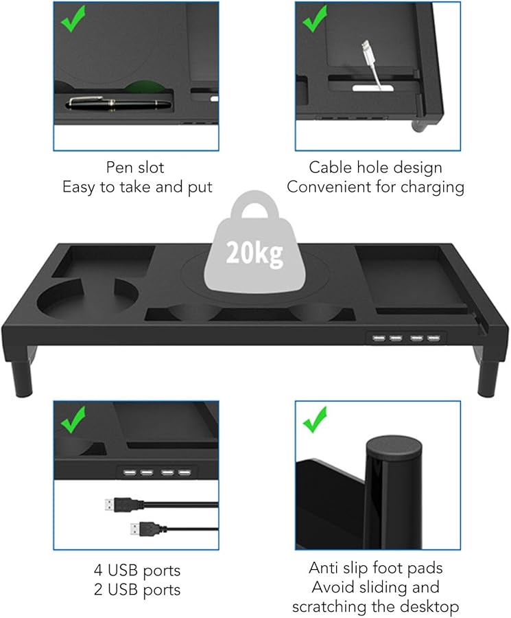 Monitor Stand Riser With 4 USB Ports Phone Cup Pen Holder 55lbs Load Black - Image 5