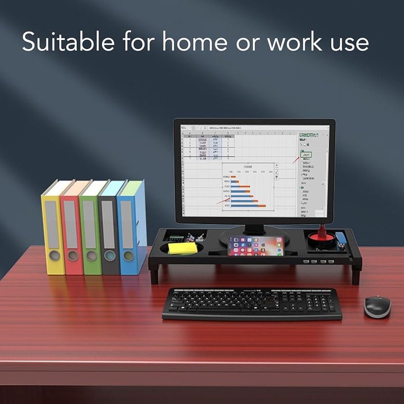 Monitor Stand Riser With 4 USB Ports Phone Cup Pen Holder 55lbs Load Black - Image 3