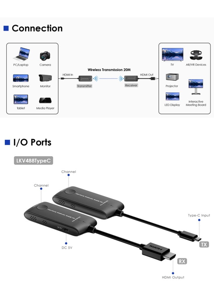 لينكينج موسع HDMI لاسلكي من نوع Type-C بدقة 4K بسرعة 60 هرتز ومدى 20 متر موديل LKV488 - Image 3