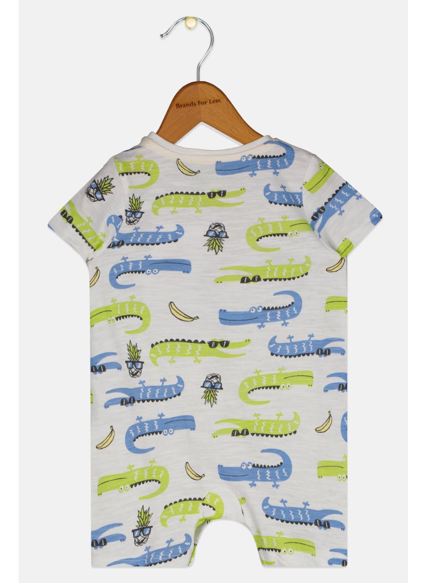 Cool Club Toddlers Boy Crew Neck Allover Print Rompers, White Combo  - Image 2