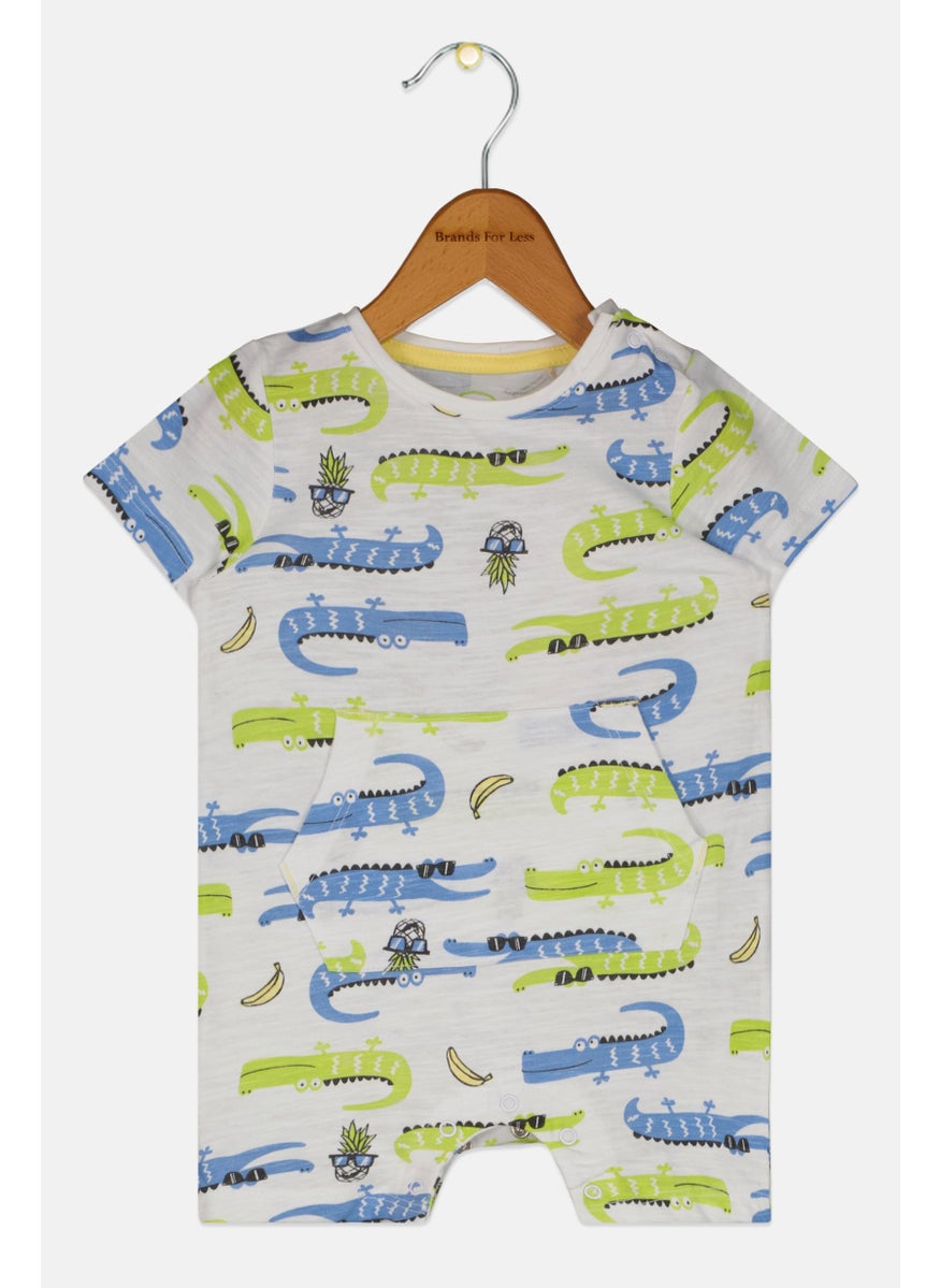 Cool Club Toddlers Boy Crew Neck Allover Print Rompers, White Combo  - Image 1