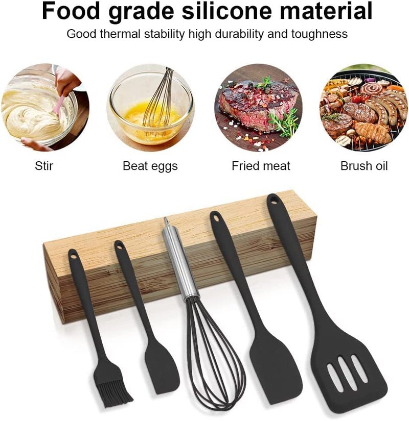Ramkuwar Silicone Baking Utensils Set Spatula, Whisker, Brush, Spoon & Scraper Non-Stick Kitchen Tools (5 Piece, Black) - Image 5