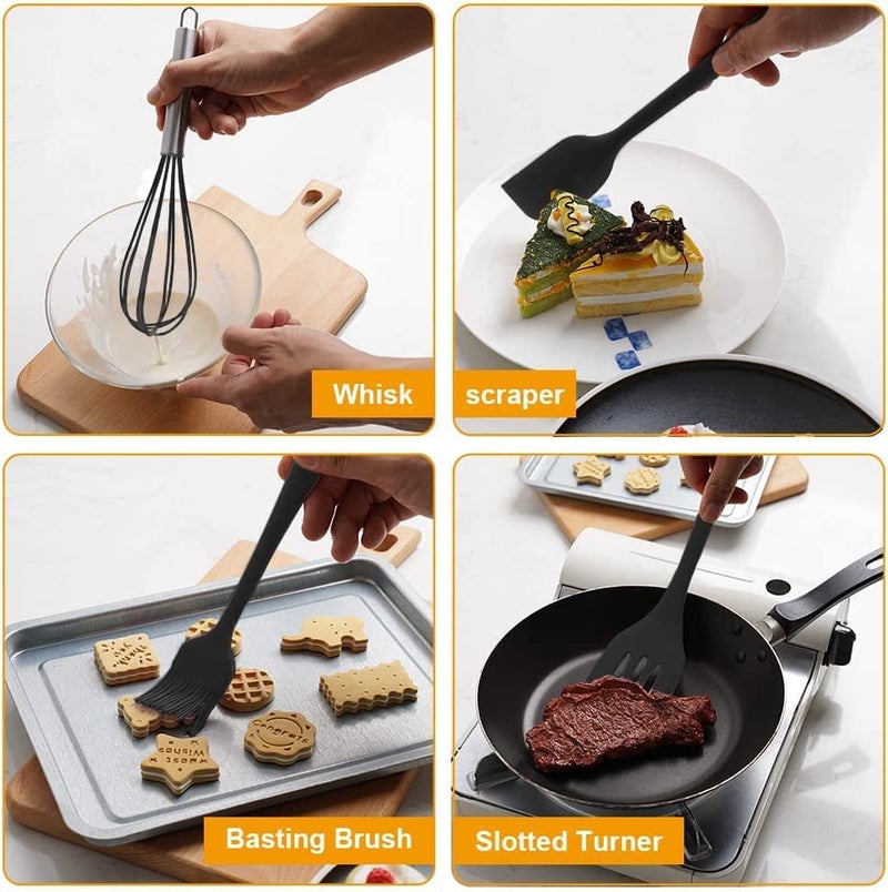 Ramkuwar Silicone Baking Utensils Set Spatula, Whisker, Brush, Spoon & Scraper Non-Stick Kitchen Tools (5 Piece, Black) - Image 4