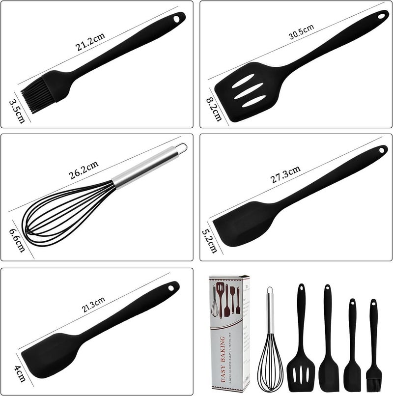 Ramkuwar Silicone Baking Utensils Set Spatula, Whisker, Brush, Spoon & Scraper Non-Stick Kitchen Tools (5 Piece, Black) - Image 2