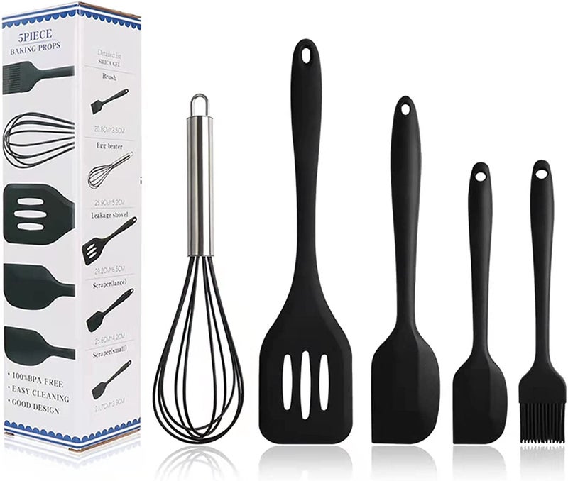 Ramkuwar Silicone Baking Utensils Set Spatula, Whisker, Brush, Spoon & Scraper Non-Stick Kitchen Tools (5 Piece, Black) - Image 1
