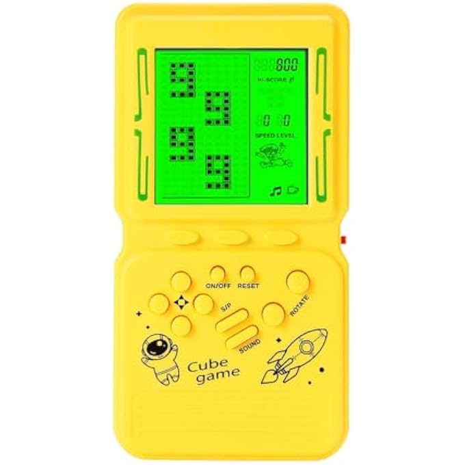 BLOCK GAME CONSOLE LARGE SCREEN WITH GREEN BACKLIGHT, RETRO CLASSIC NOSTALGIA PUZZLE, BUILT-IN 999 IN 1 BRICK GAME, UNISEX, YELLOW, HANDHELD, BATTERY POWERED - Image 1