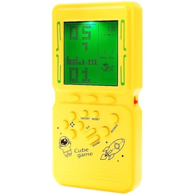 BLOCK GAME CONSOLE LARGE SCREEN WITH GREEN BACKLIGHT, RETRO CLASSIC NOSTALGIA PUZZLE, BUILT-IN 999 IN 1 BRICK GAME, UNISEX, YELLOW, HANDHELD, BATTERY POWERED - Image 3