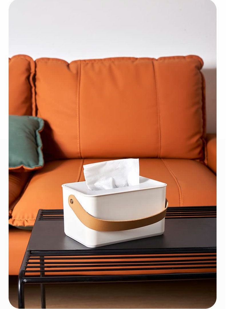 Tissue Box Holder, Dispenser Modern Cube Plastic Cover Napkin Organizer with Leather Handles for Bathroom Vanity Tops, Dressers, Bedside Tables, Desks and Tables (White) - Image 2