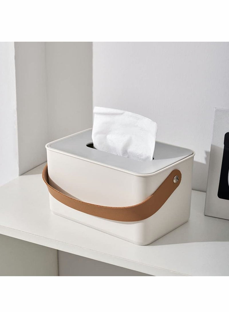 Tissue Box Holder, Dispenser Modern Cube Plastic Cover Napkin Organizer with Leather Handles for Bathroom Vanity Tops, Dressers, Bedside Tables, Desks and Tables (White) - Image 1