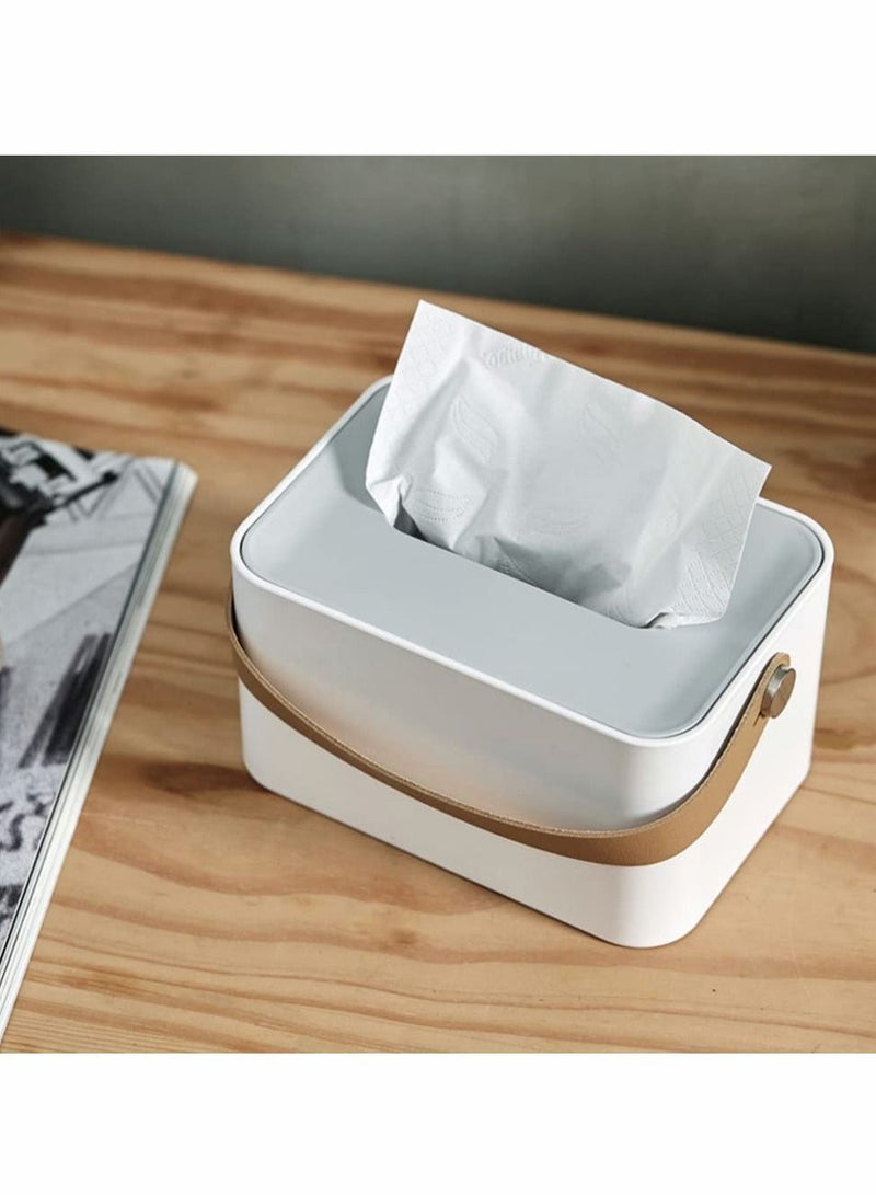 Tissue Box Holder, Dispenser Modern Cube Plastic Cover Napkin Organizer with Leather Handles for Bathroom Vanity Tops, Dressers, Bedside Tables, Desks and Tables (White) - Image 3