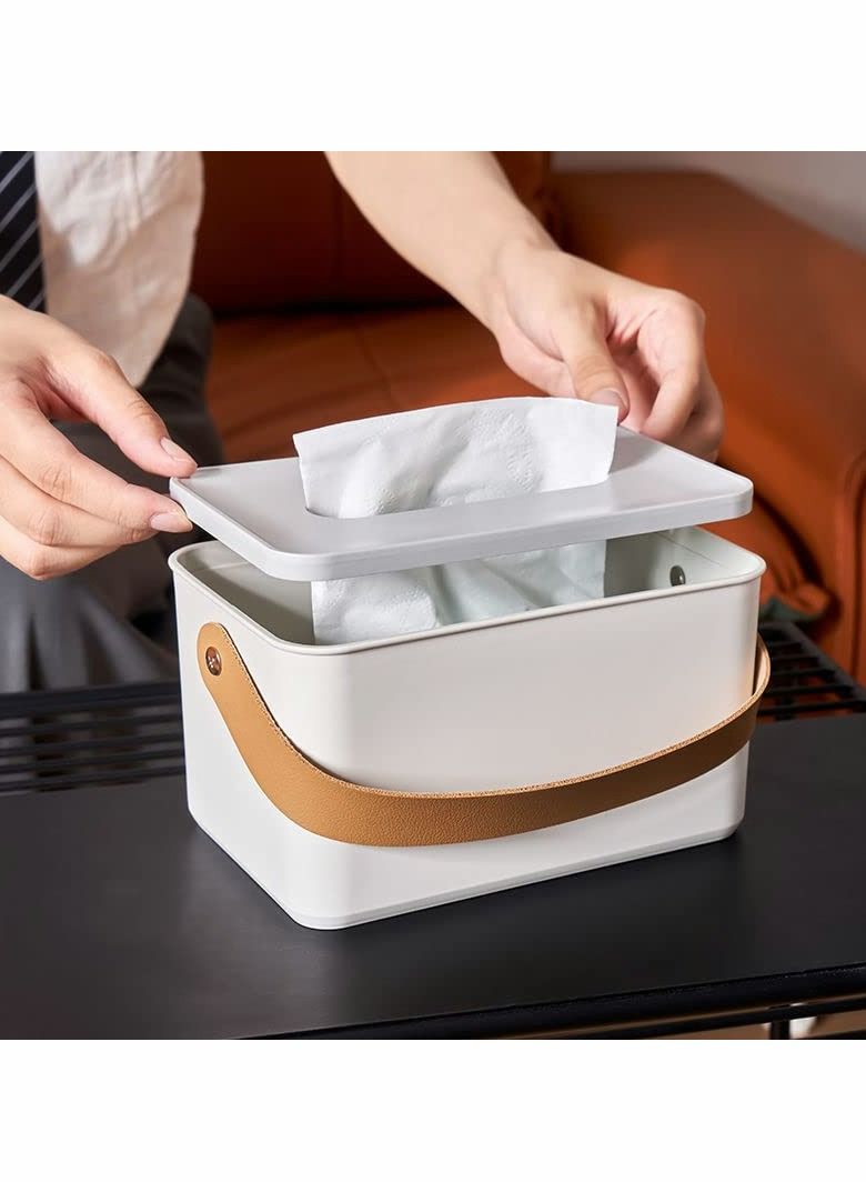 Tissue Box Holder, Dispenser Modern Cube Plastic Cover Napkin Organizer with Leather Handles for Bathroom Vanity Tops, Dressers, Bedside Tables, Desks and Tables (White) - Image 4