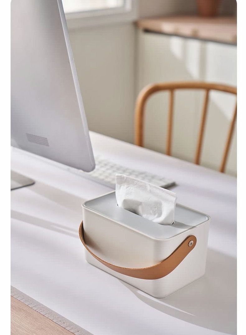 Tissue Box Holder, Dispenser Modern Cube Plastic Cover Napkin Organizer with Leather Handles for Bathroom Vanity Tops, Dressers, Bedside Tables, Desks and Tables (White) - Image 5