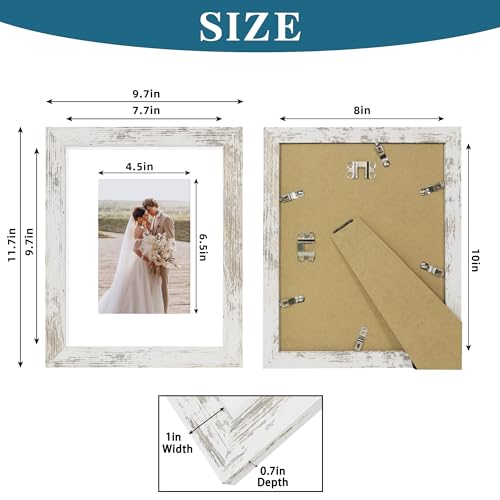 Hongkee 8x10 Picture Frame Set of 2, Made of Real Glass and Distressed White Wooden Frame - Display Picture 5x7 with Mat or 8x10 Without Mat, 8 by 10 Photo for Wall or Tabletop - Image 3